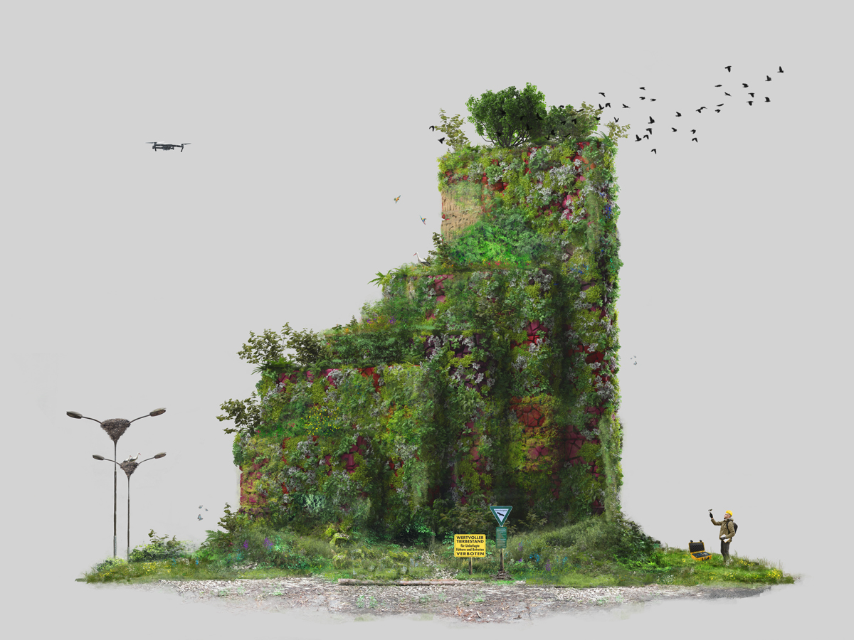 The medium-sized LGU, now overgrown, stands on an overgrown pile of earth in the middle of an abandoned industrial site. There are various animals and a man shooting photos.