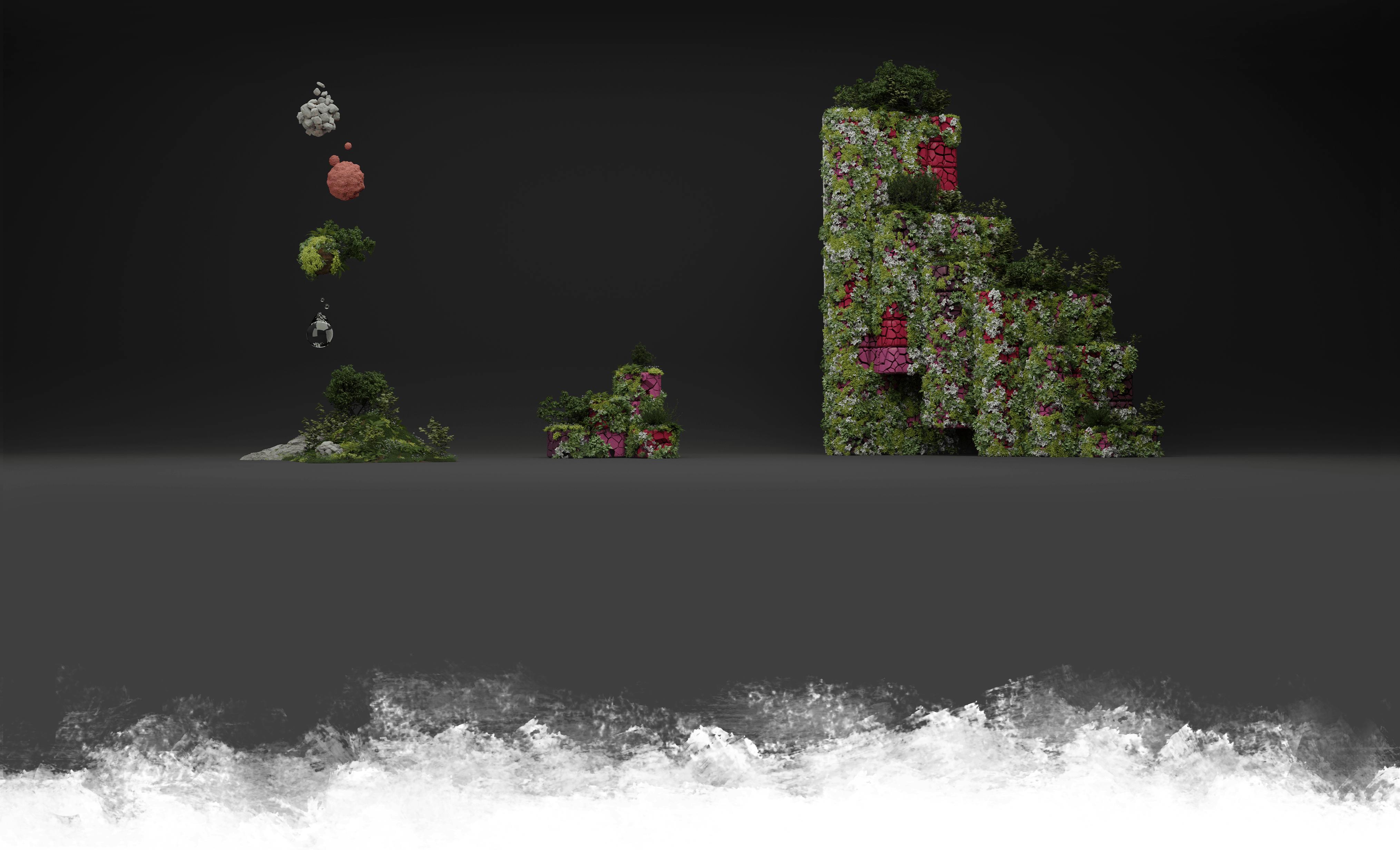 In front of a dark gray background are an overgrown hill, a small, heavily overgrown LGU (consisting of seven stacked modules in shades of pink and red), and a medium-sized LGU (consisting of 230 modules), also heavily overgrown. Above the pile of earth float in descending order a pile of stones, a pile of earth, a heavily overgrown sphere and a drop of water.